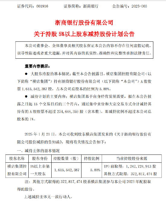 浙商银行：股东横店集团拟减持不超1%公司股份