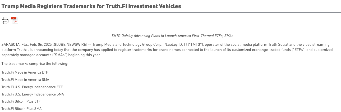 特朗普媒体科技宣布注册金融产品商标 推动主题ETF发行